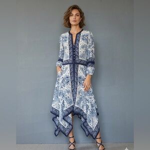 Joie 100% Silk Blue Paisley Boho Tunic Dress XS Handkerchief Hem